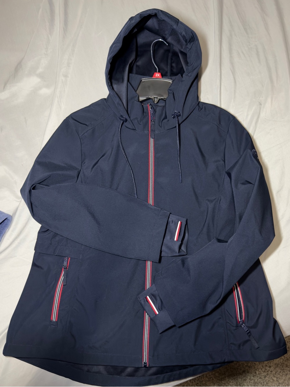 Tommy Hilfiger Navy Hooded Raincoat with Red & White Trim